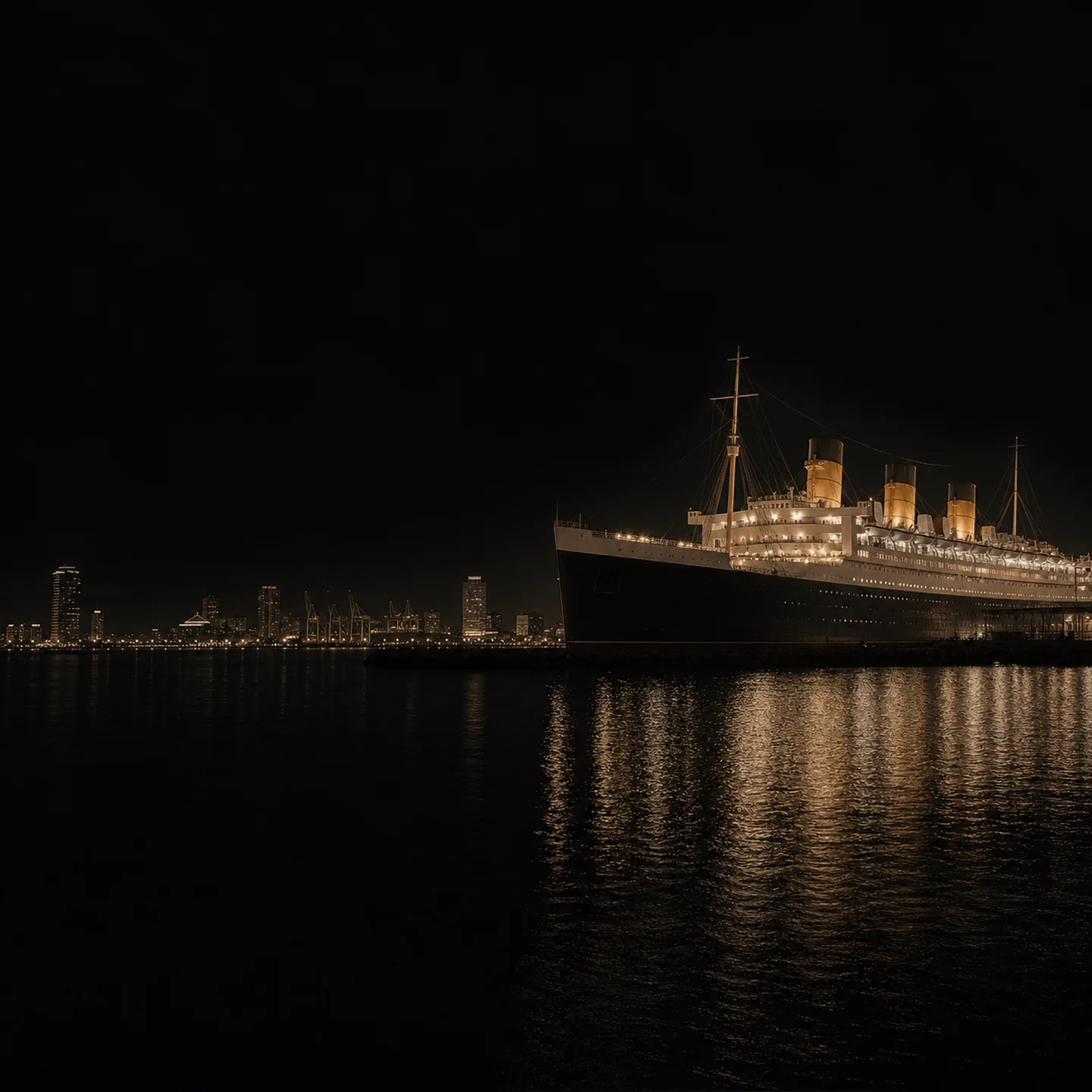 The Queen Mary and downtown Long Beach glow beyond dark water at blue hour.