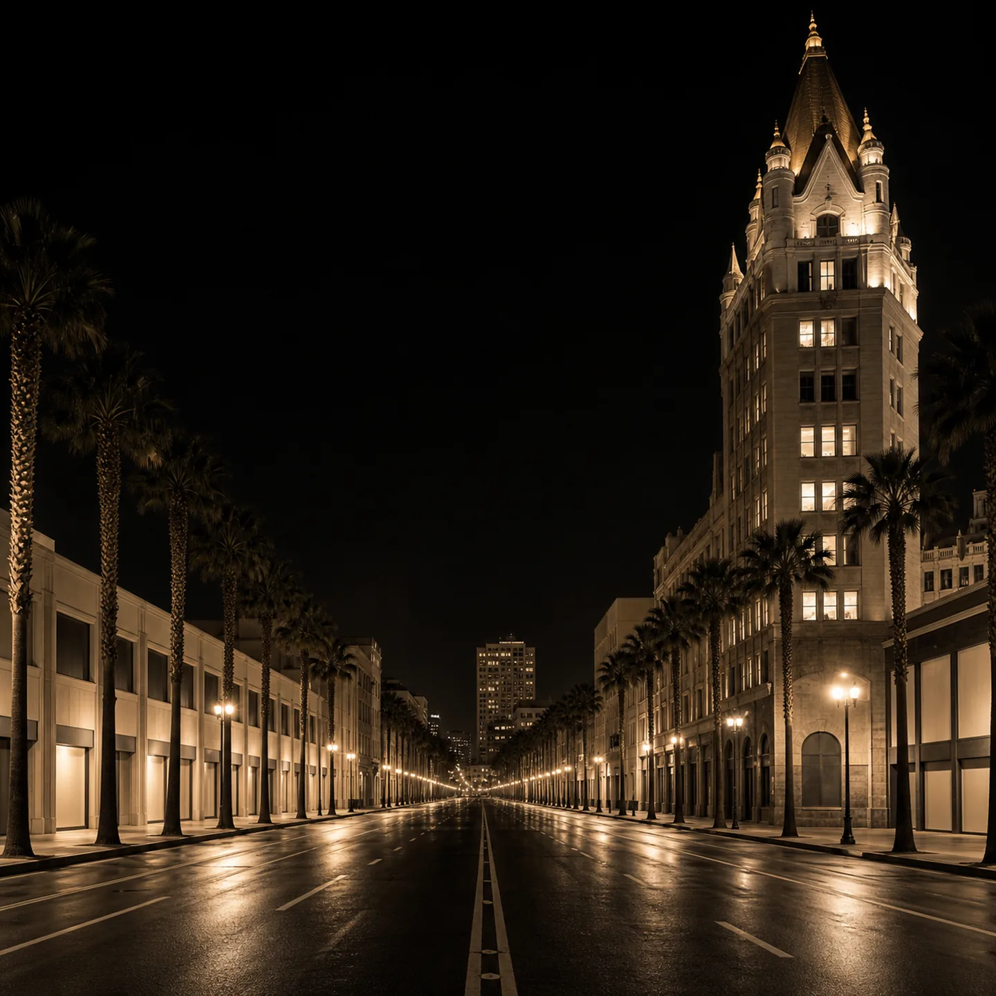 East Ocean Boulevard runs past palms and the historic Villa Riviera tower at blue hour.
