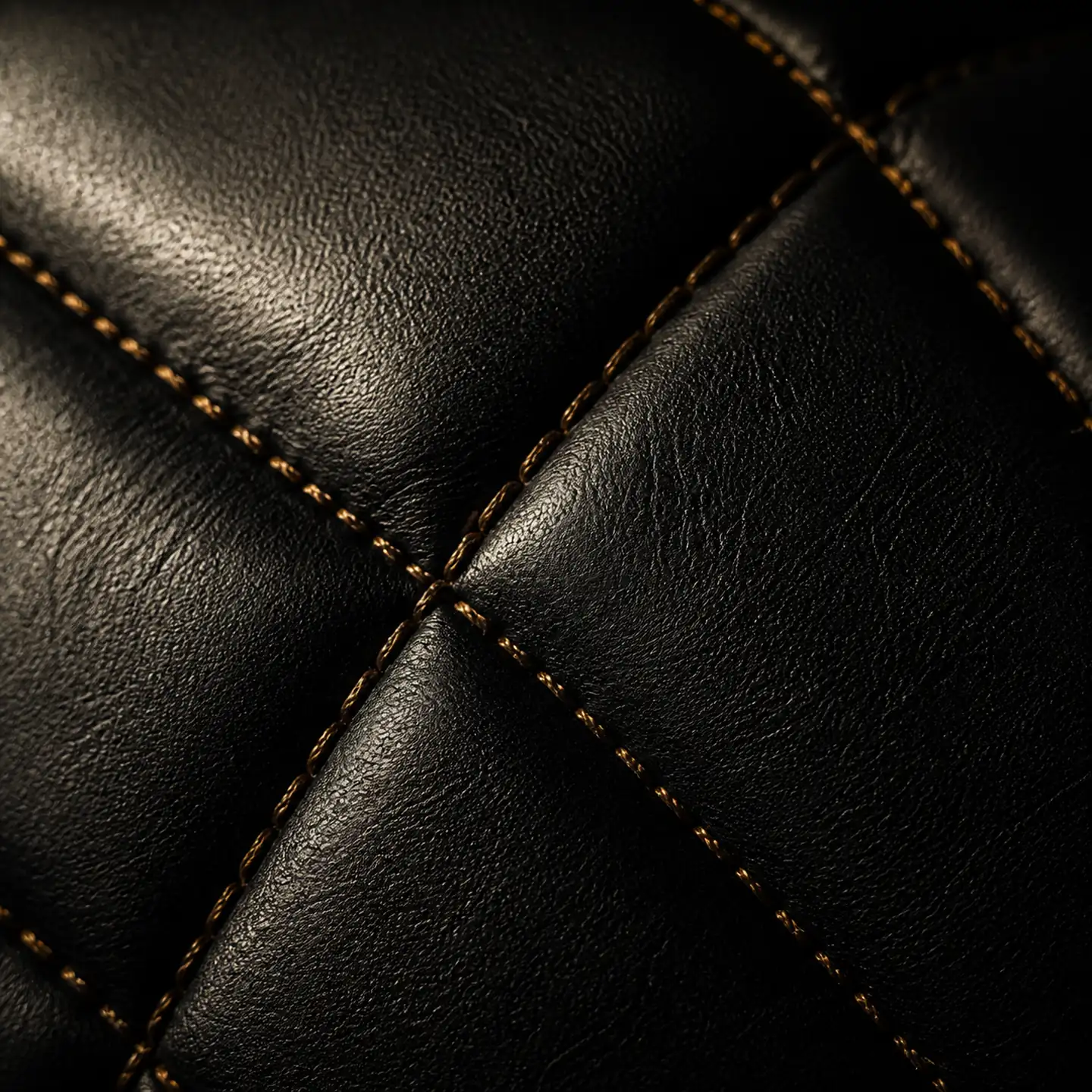 Diagonal tan stitching crosses black quilted leather upholstery, lit from one side.