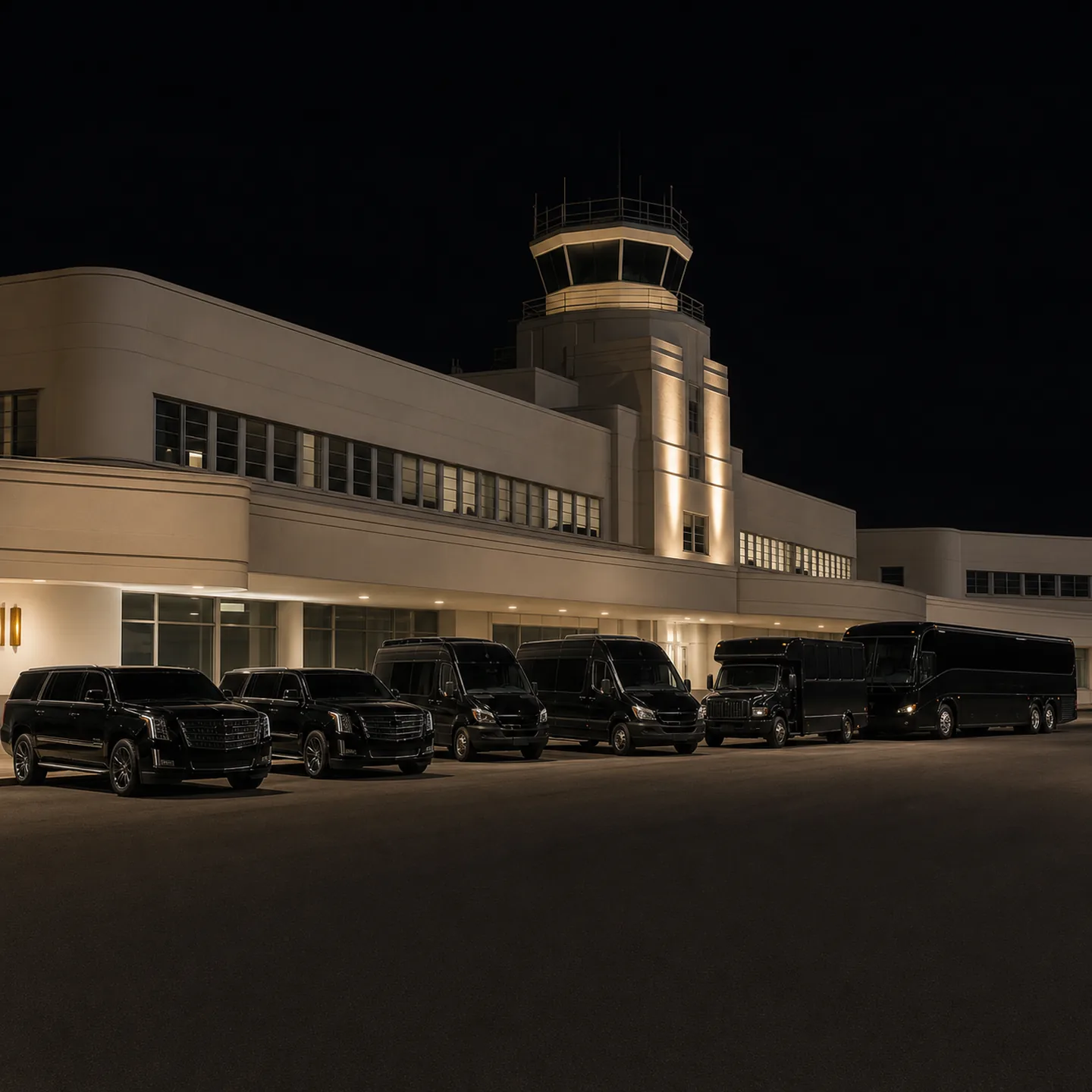 Six distinct vehicles parked in one separated curbside line at Long Beach Airport's historic terminal in Long Beach.
