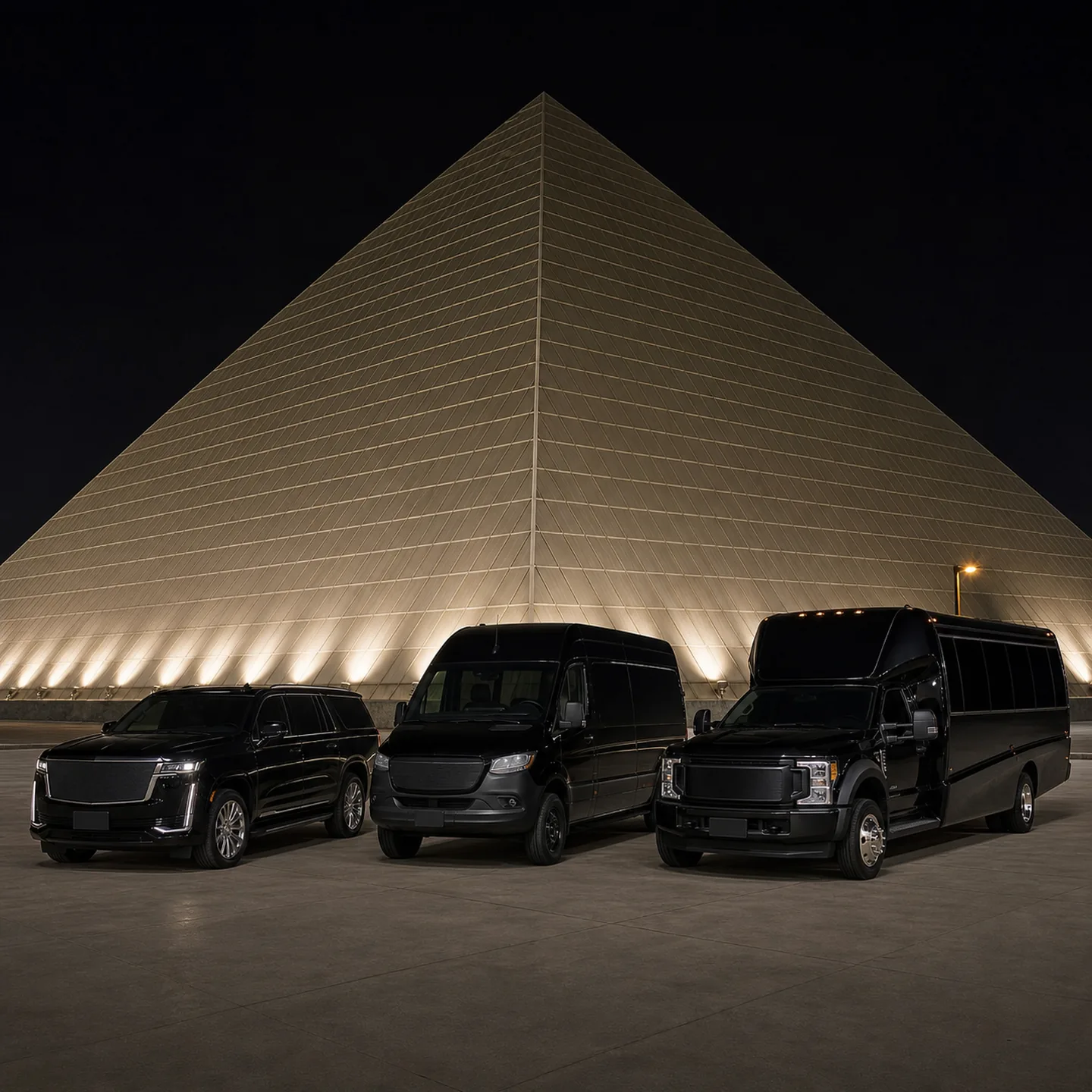 Three vehicles parked side by side at a shallow angle at the Walter Pyramid in Long Beach.