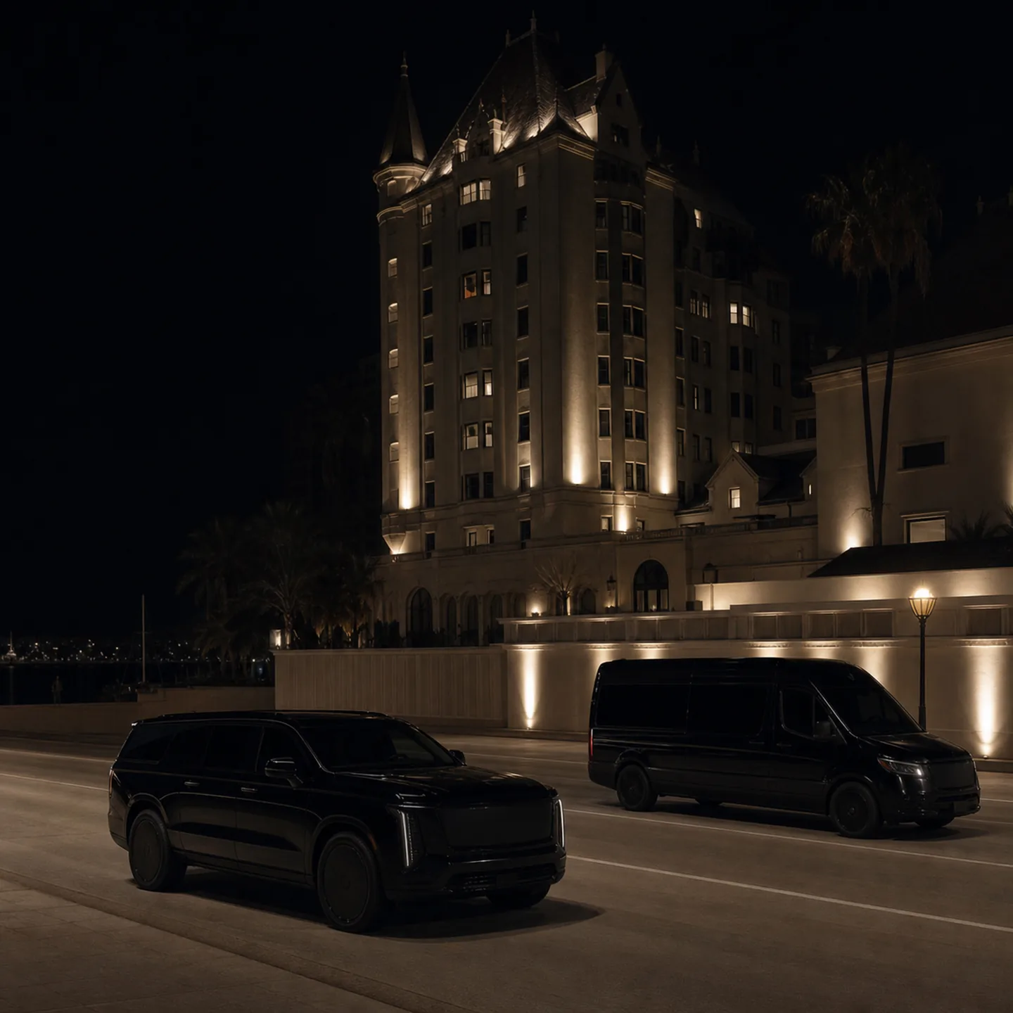 A black SUV and passenger van travel past Villa Riviera on Ocean Boulevard in Long Beach.