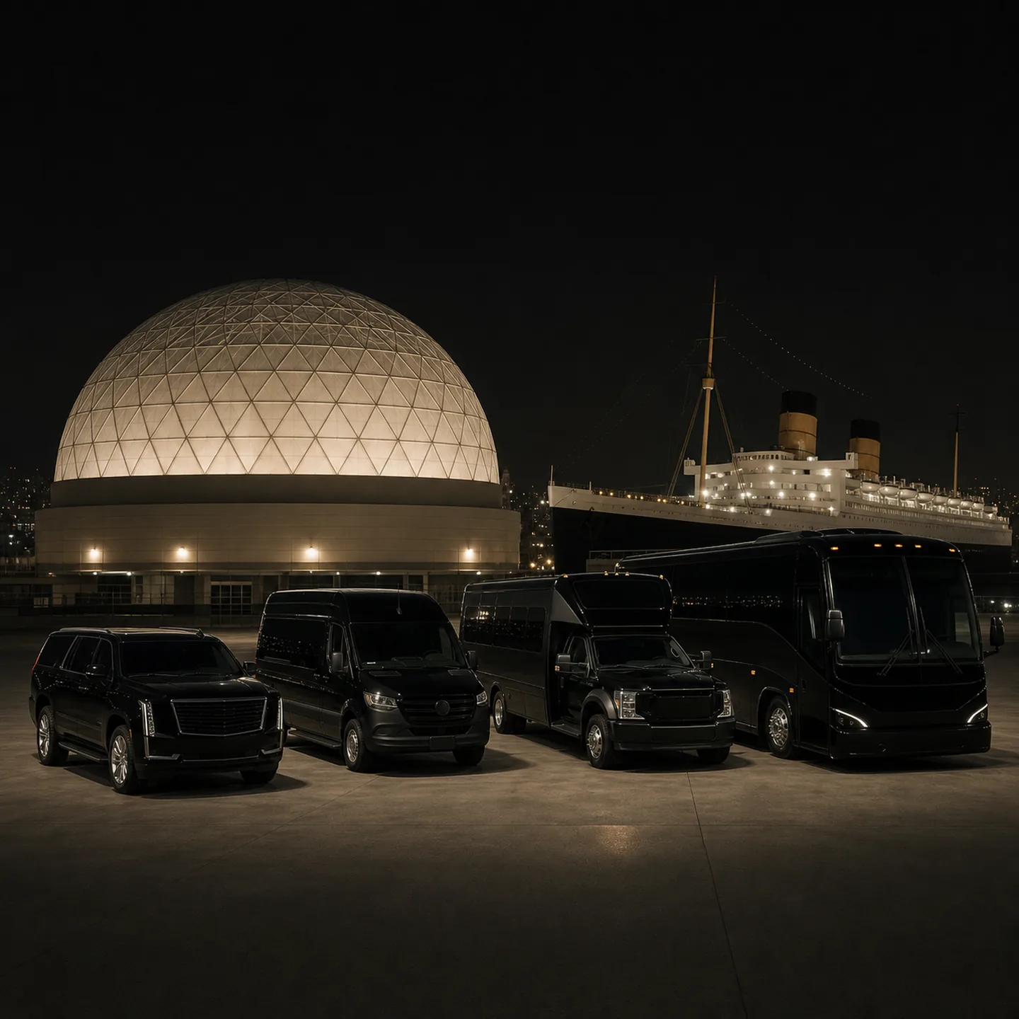 Four distinct vehicles parked along a gentle arc at the Long Beach Cruise Terminal dome in Long Beach.