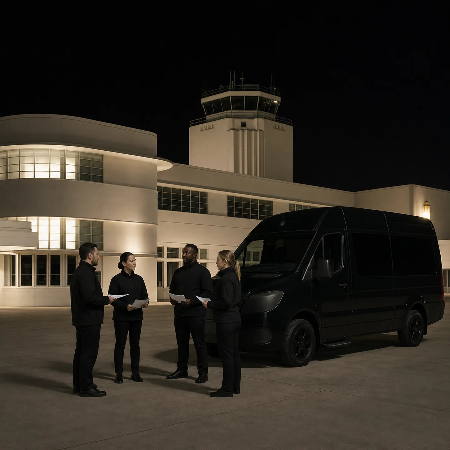 Four crew members hold a briefing beside a black passenger van at Long Beach Airport before dawn.
