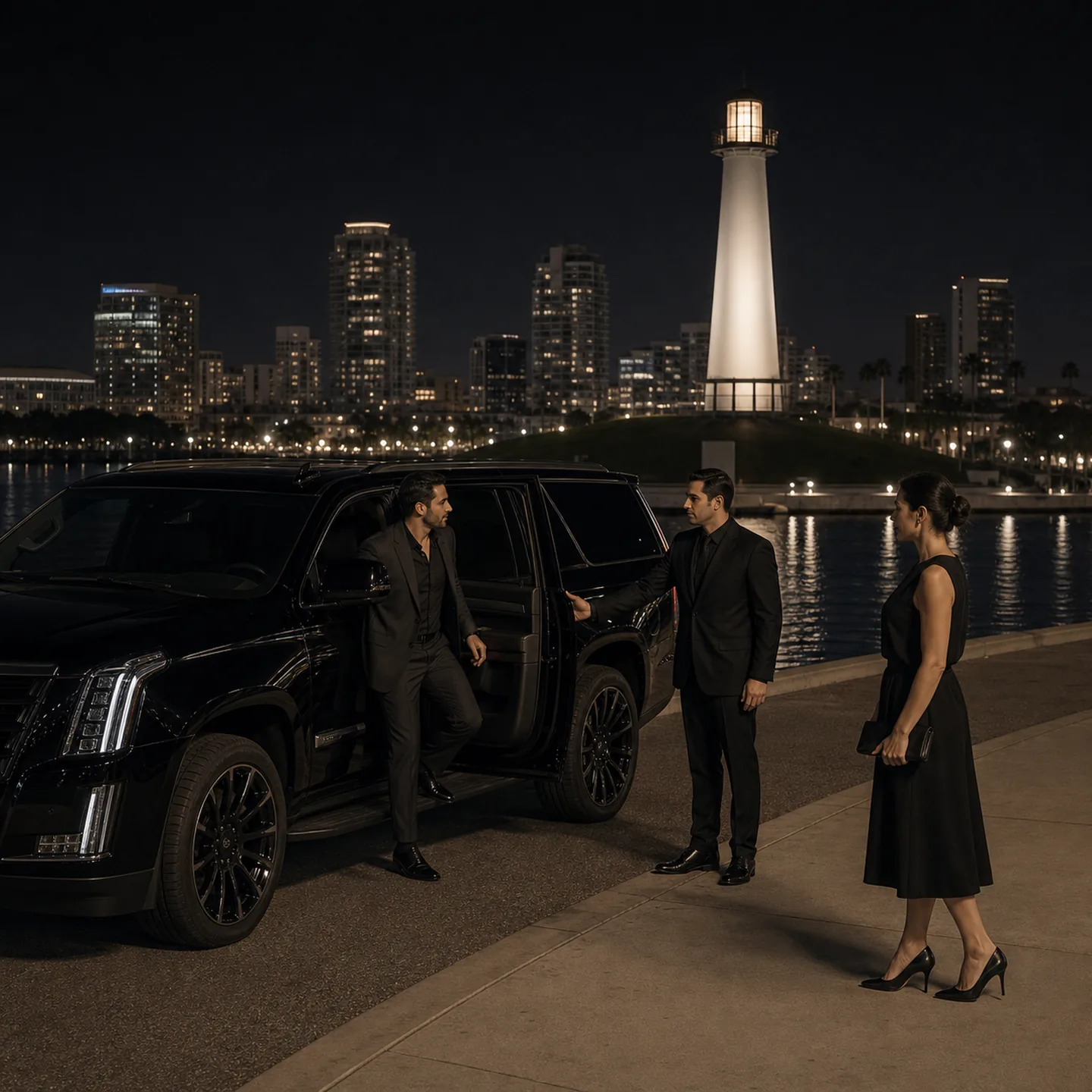 A chauffeur assists two passengers from a black SUV beside Rainbow Harbor in Long Beach.