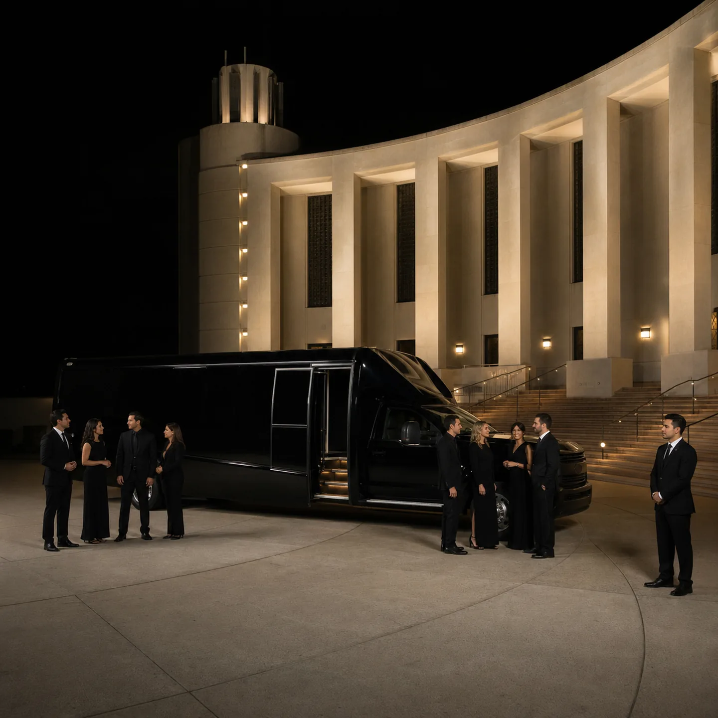 Eight travelers meet a chauffeur beside a black mini-coach at the Long Beach Terrace Theater plaza.