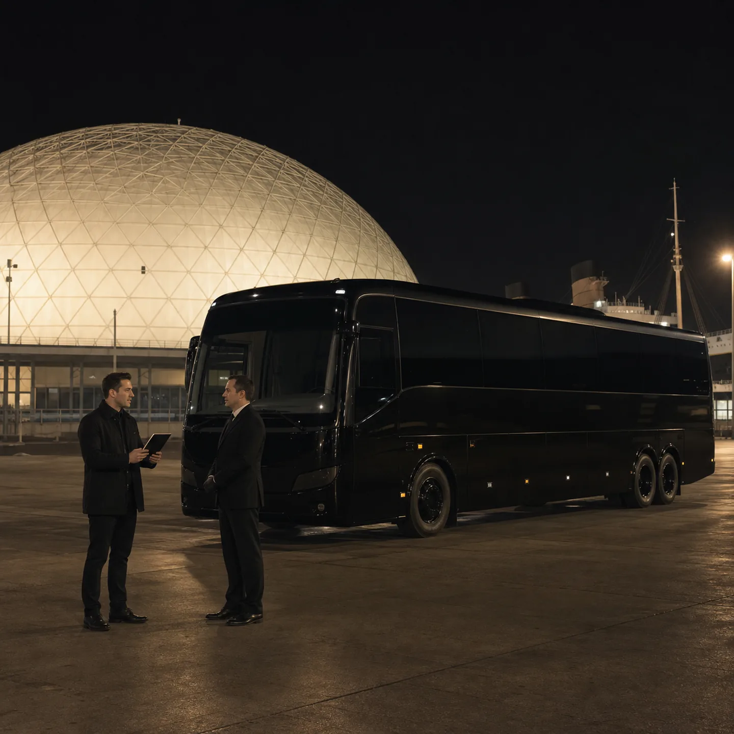An operations coordinator briefs a chauffeur beside a black motorcoach at the Long Beach cruise terminal.