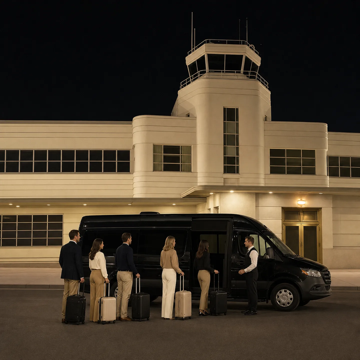 A private airport group transfer scene at Long Beach Airport's historic terminal in Long Beach.