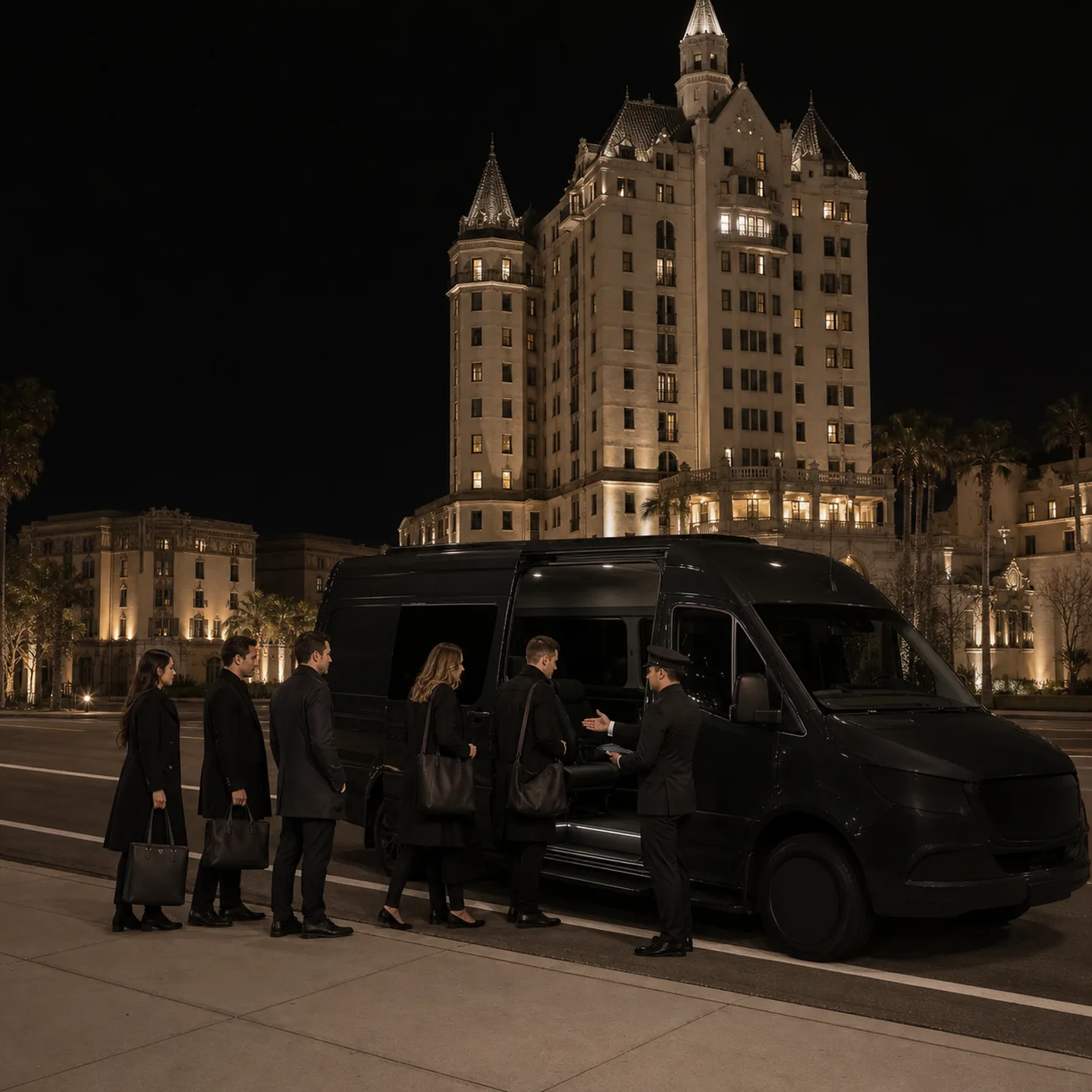 A private commuter shuttle scene at Villa Riviera on Ocean Boulevard in Long Beach.