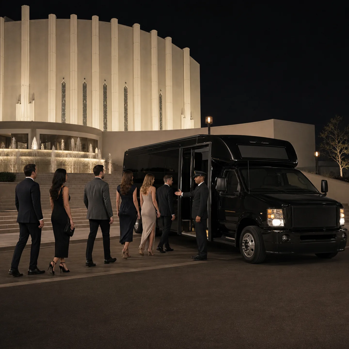 A private event shuttle scene at the Terrace Theater plaza in Long Beach.