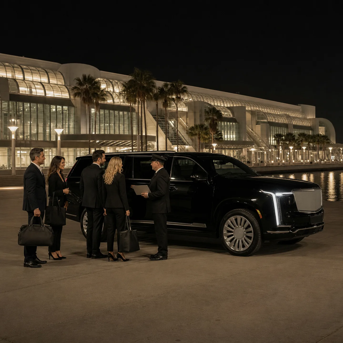 A private event transportation scene at the Long Beach Convention Center waterfront in Long Beach.