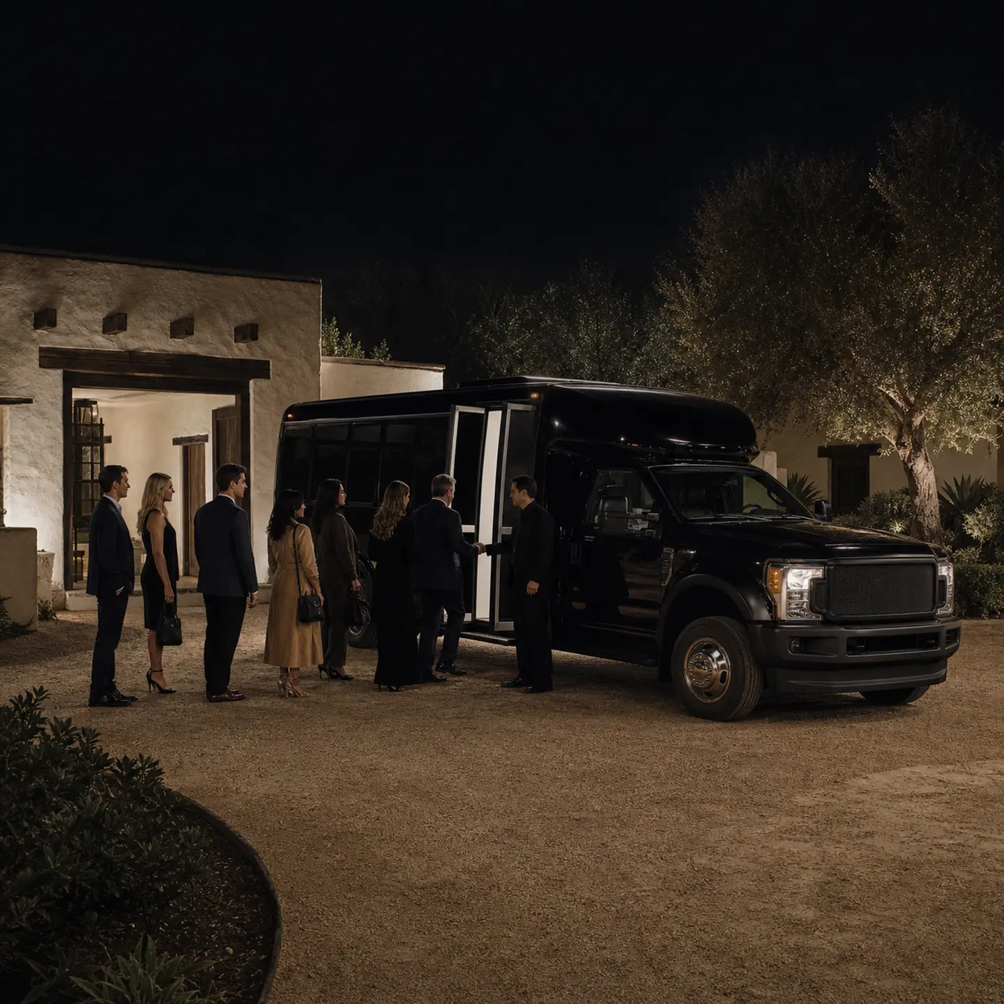 A private faith group charter scene at the Rancho Los Cerritos garden court in Long Beach.