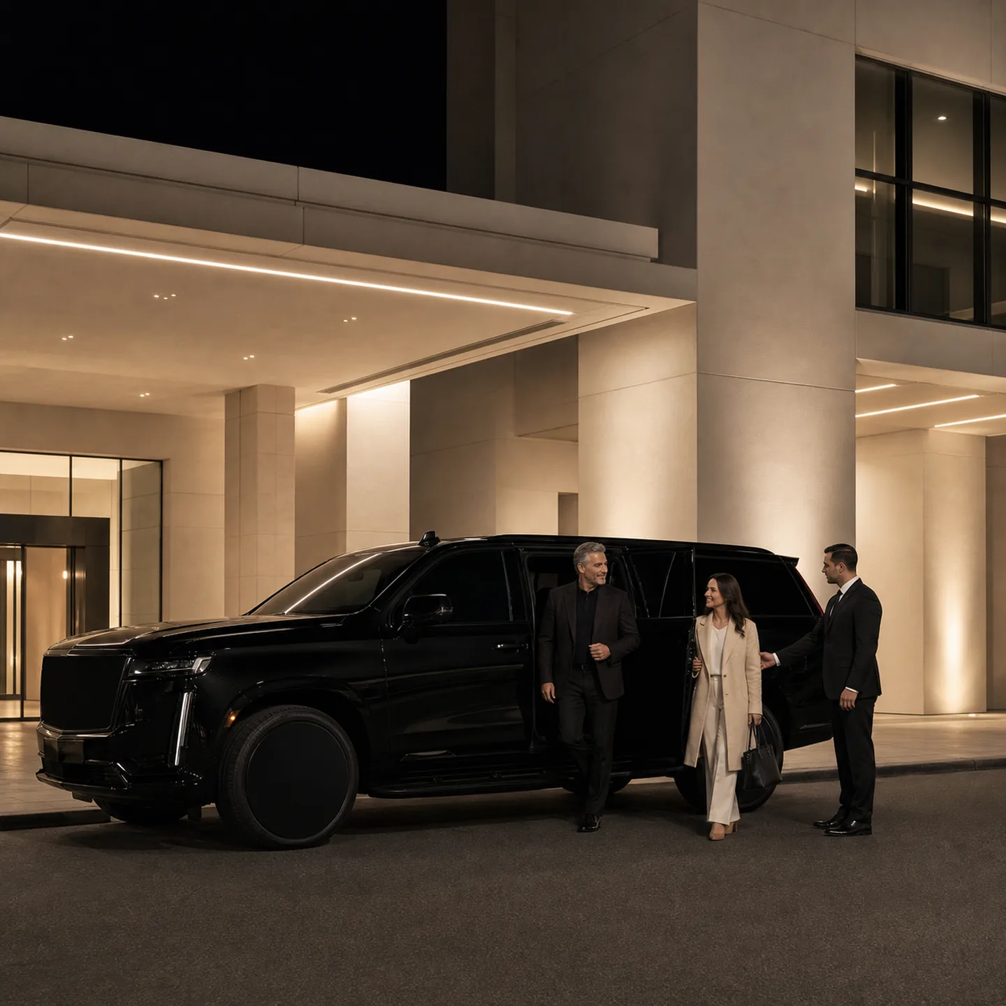 A passenger and companion meet a chauffeur beside a black SUV at a modern medical pavilion in Long Beach.