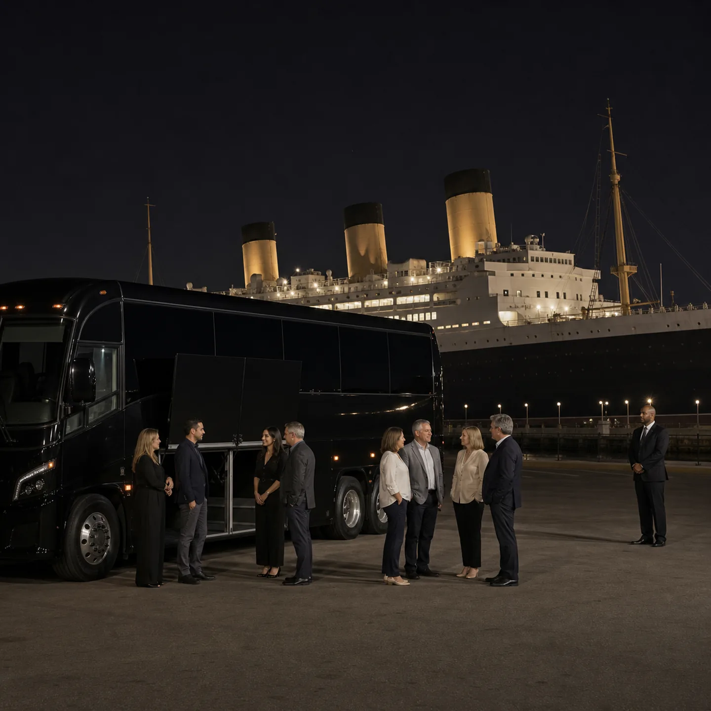 Eight travelers meet a chauffeur beside a black motorcoach at the Queen Mary waterfront in Long Beach.
