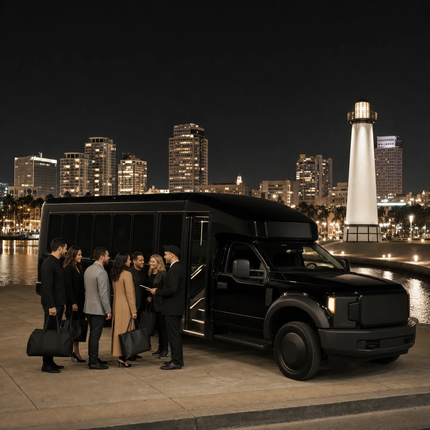 A private private group charter scene at Rainbow Harbor and Lions Lighthouse in Long Beach.