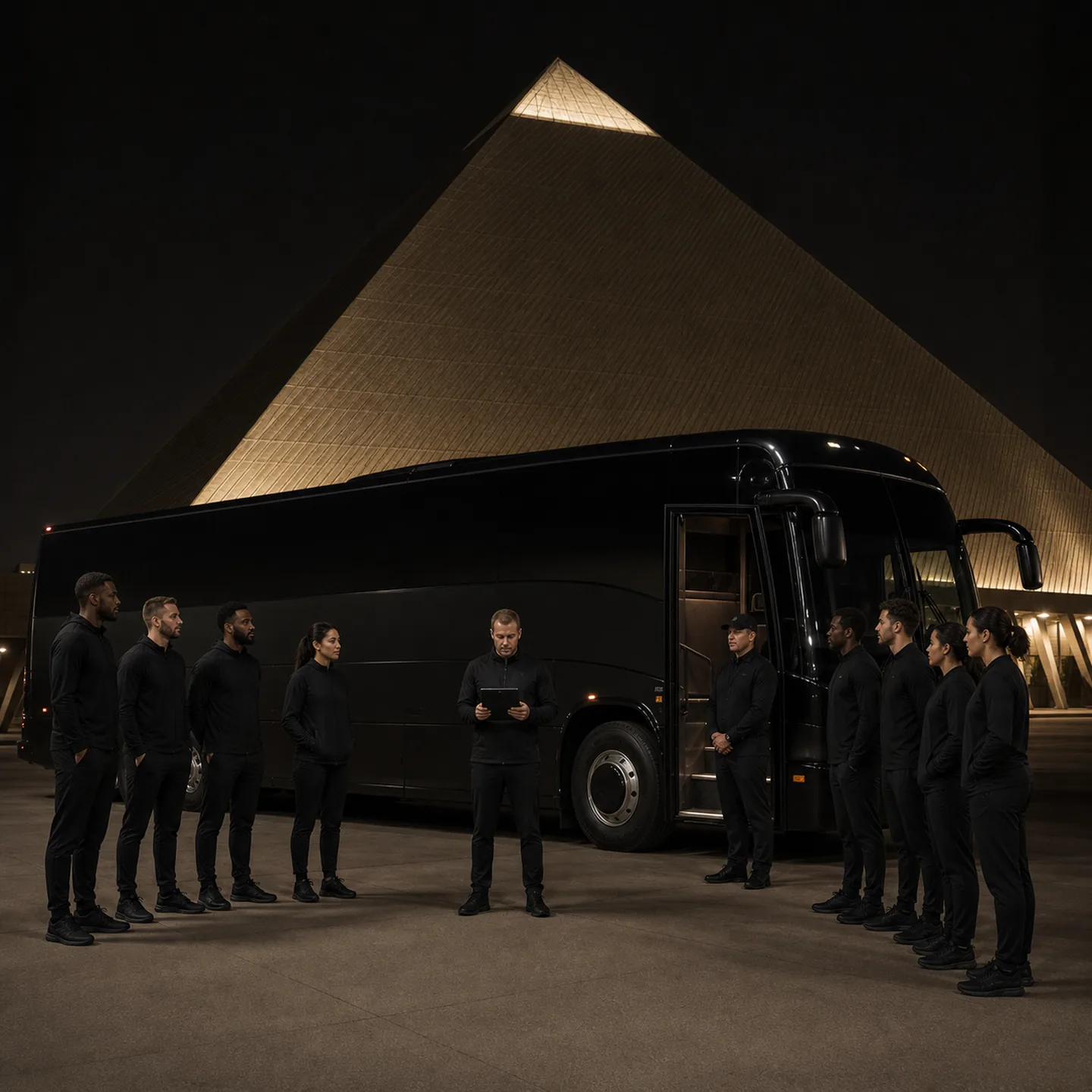 Eight athletes meet a coordinator and chauffeur beside a black motorcoach at the Walter Pyramid in Long Beach.